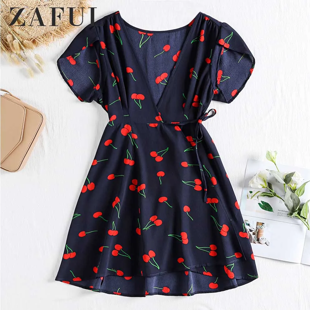 ZAFUL Женское Платье Сексуальная Глубокая Шея С Коротким Рукавом Печати A Линия