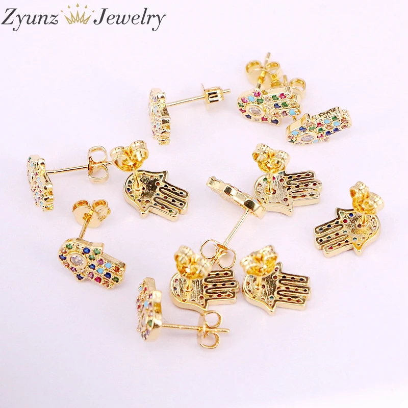 10 пар 9*11 мм серьги гвоздики Lucky Eye Hamsa для женщин с радужным кубическим