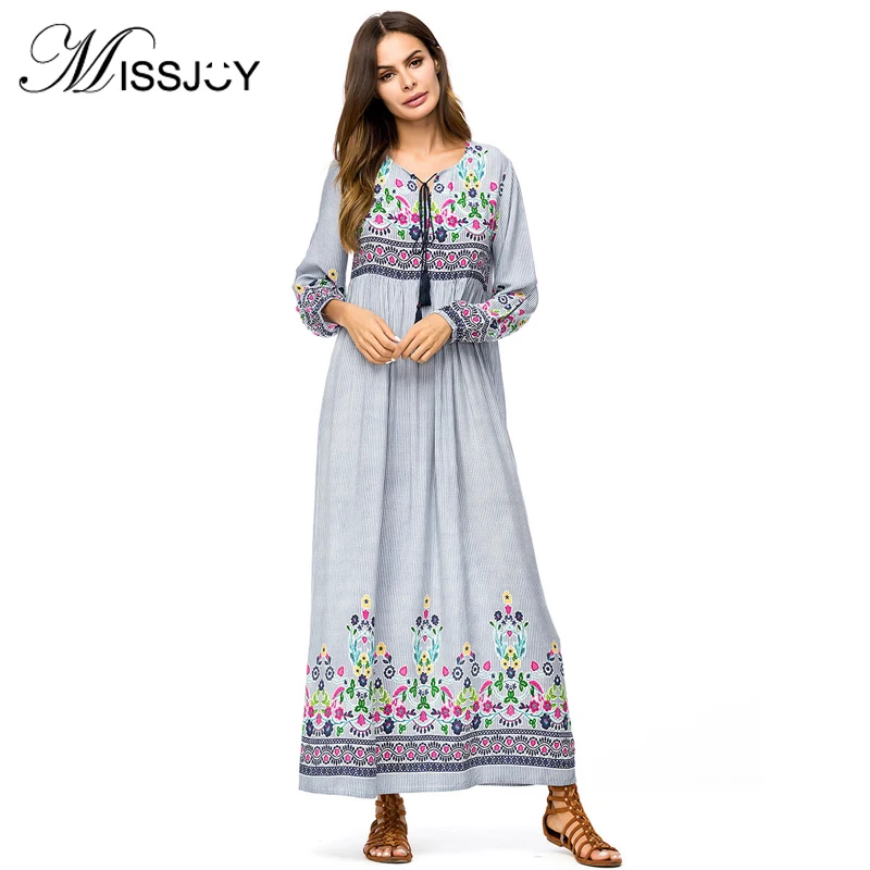 MISSJOY платье с вышивкой Для женщин Осень Повседневная 2018 длинным рукавом boho chic