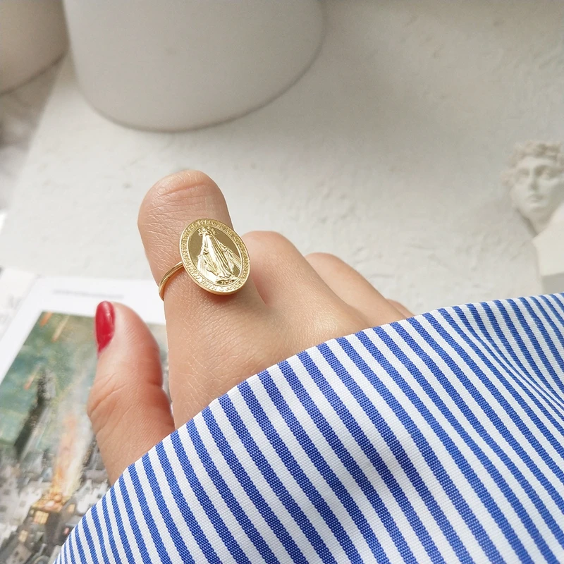 Кольца с изображением Марии из стерлингового серебра 925 прекрасного овального образца с позолотой 18К для женщин - уникальные ювелирные изделия на свадьбу или годовщину.