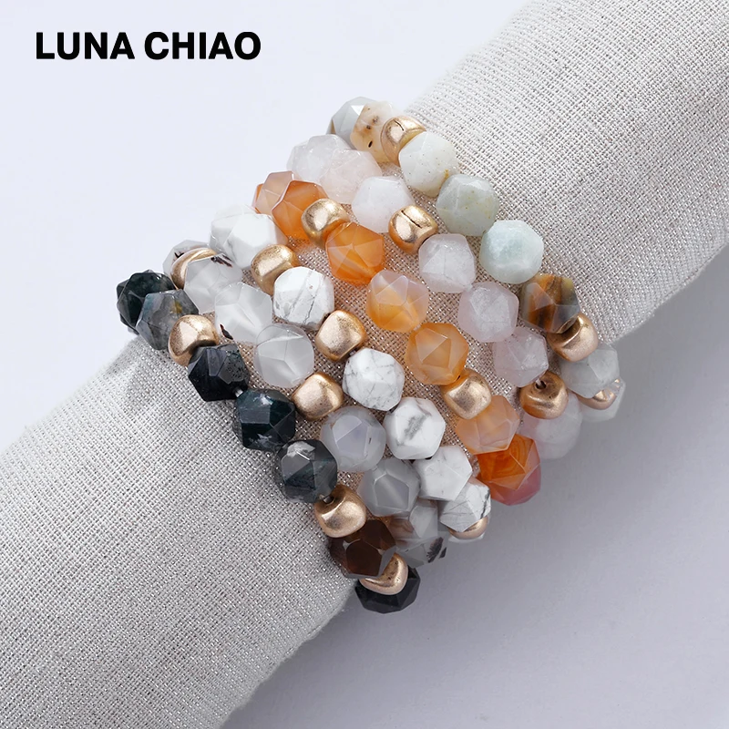 Браслеты LUNA CHIAO из натурального амазонита с белым мраморным камнем ограненные