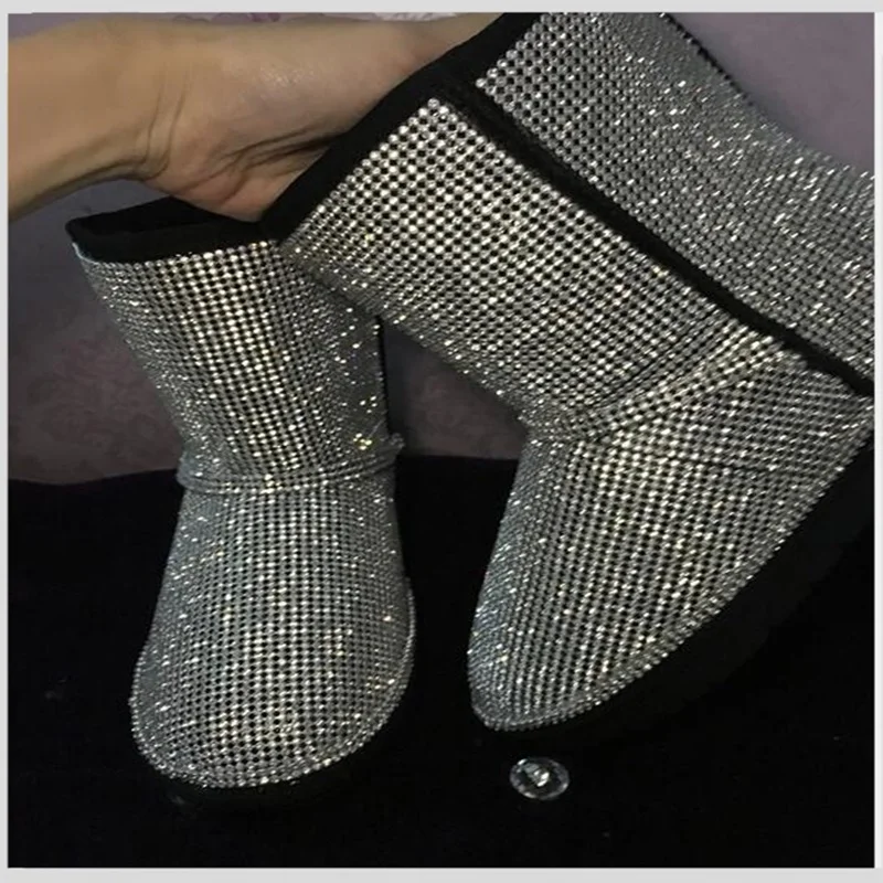 Зимние короткие ботинки Bling черные кожаные зимние Rhinestone без шнуровки на