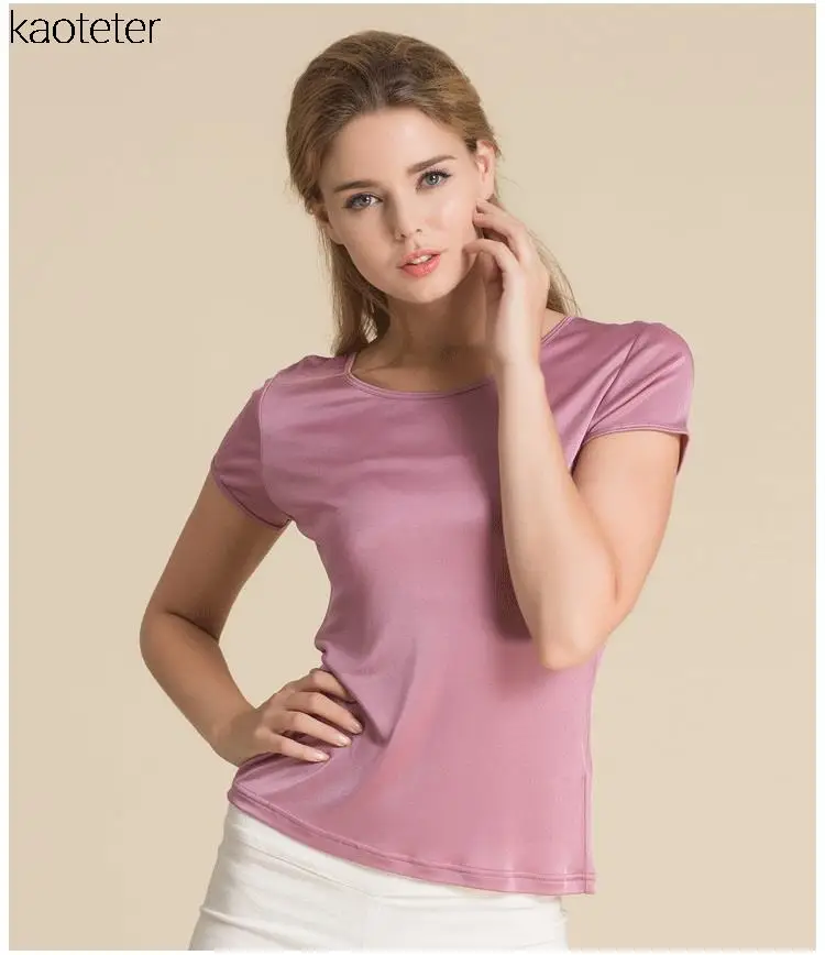 Женские футболки из чистого шелка, женские топы, футболки, женские повседневные однотонные яркие цвета, женские модные рубашки с коротким рукавом - Цвет: Розовый