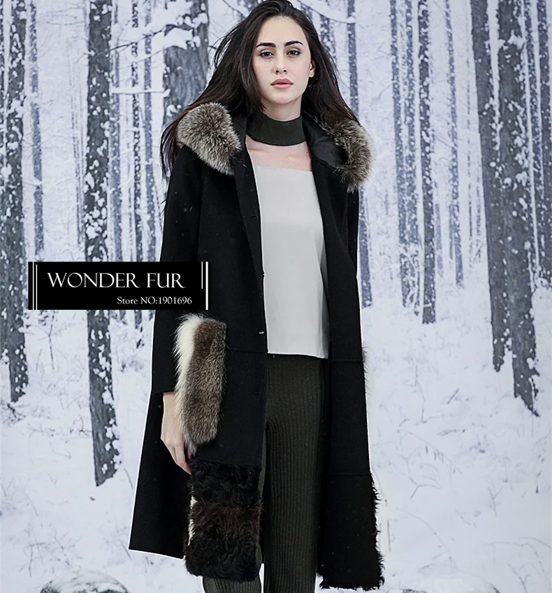 Женское длинное шерстяное пальто с карманами и лисьим мехом дизайнерское платье