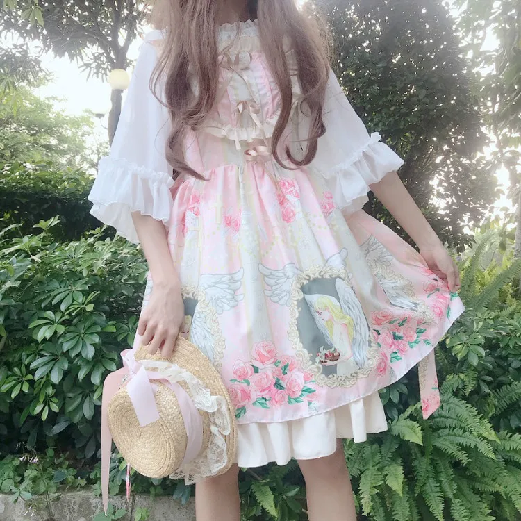 Lolita Dress Sweet Cute Kawaii Girls Princess Maid Vintage Ruffles Puff Sleeveless Red Black Pink Women dress | Тематическая одежда