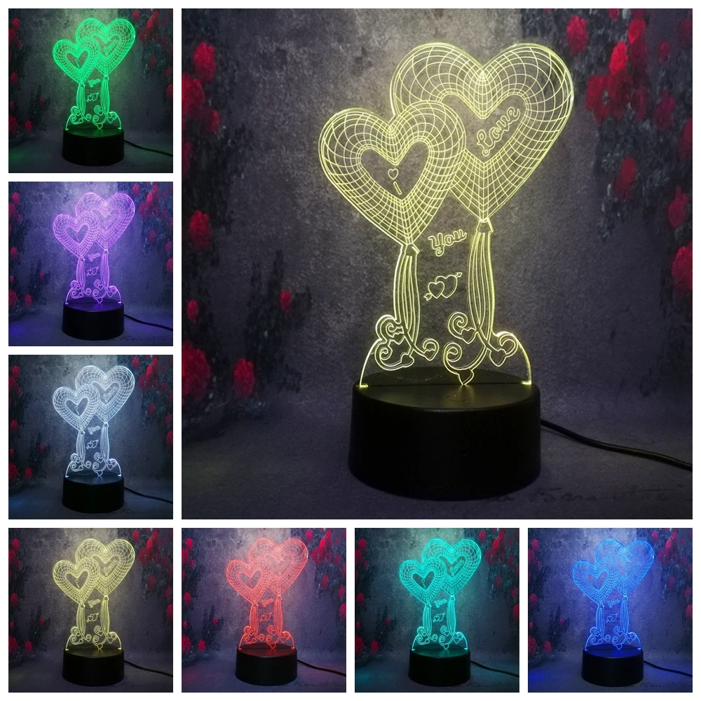 Бесплатная доставка двойная Любовь Сердце 3D ночник LED Usb 7 видов цветов Подарки