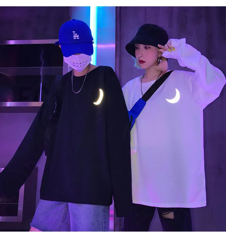 Harajuku Для женщин 3м Reflective лунный свет принт, модная футболка с круглым вырезом и длинными рукавами, в стиле «хип-хоп»; зеленый; фиолетовый; Повседневная футболка футболки гриппов Размеры