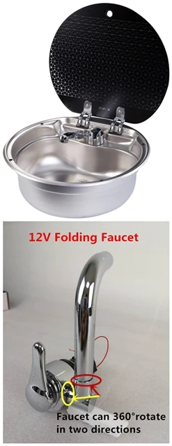 sink and 12V faucet Лодка RV Караван Кемпер круглый нержавеющая сталь ручная умывальник кухонная раковина с крышкой из закаленного стекла GR-570 - Цвет: sink and 12V faucet