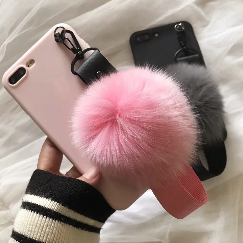 Лисий мех мяч Чехлы для Iphone7 7 Plus Для женщин Lady девочек сумки с ремешком Iphone8 8 плюс 6