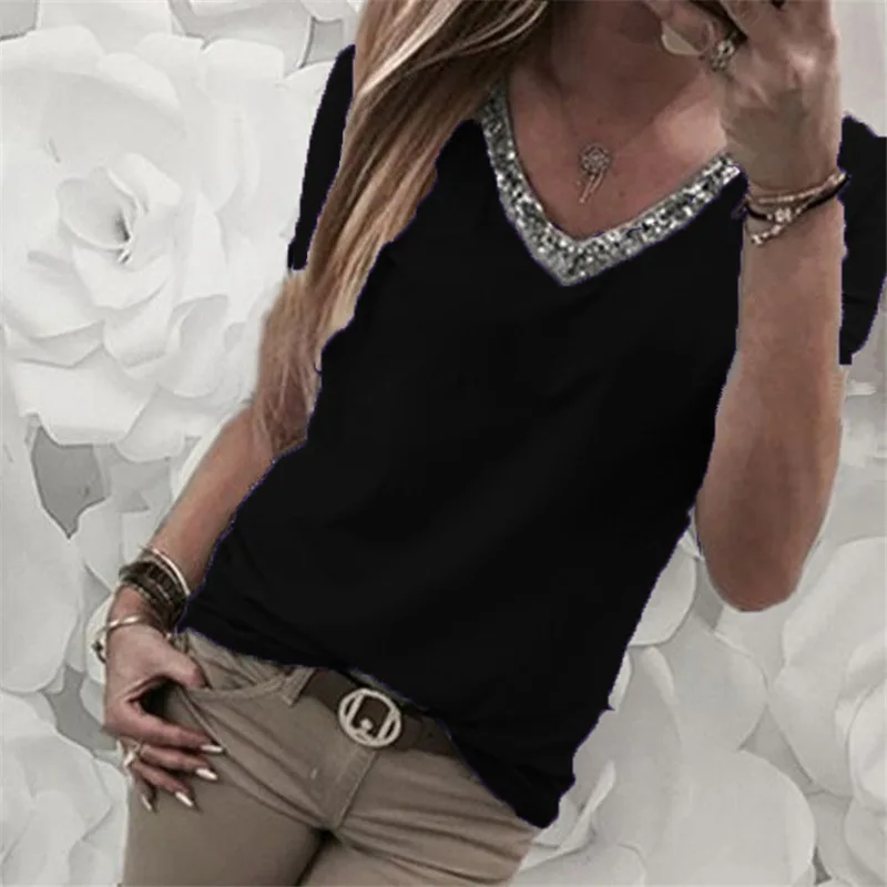 Повседневная Женская одежда Однотонная футболка с V образным вырезом и коротким