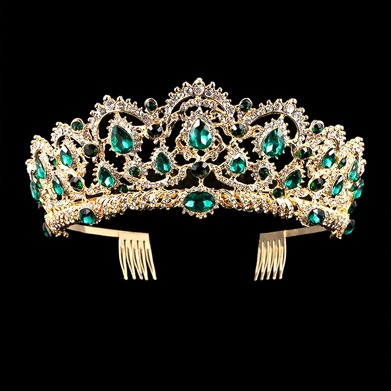 Горячая Новинка Дизайн Винтаж горный хрусталь зеленая Корона лента для волос свадебный пышный гребень тиара повязка на голову кристалл невесты аксессуары для волос
