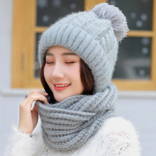 Серый HT2131 зимние аксессуары для женщин, Толстая теплая женская зимняя шапочка-шарф, набор для девушек, вязаная шерстяная шапка, шарф для зимы - Цвет: Серый