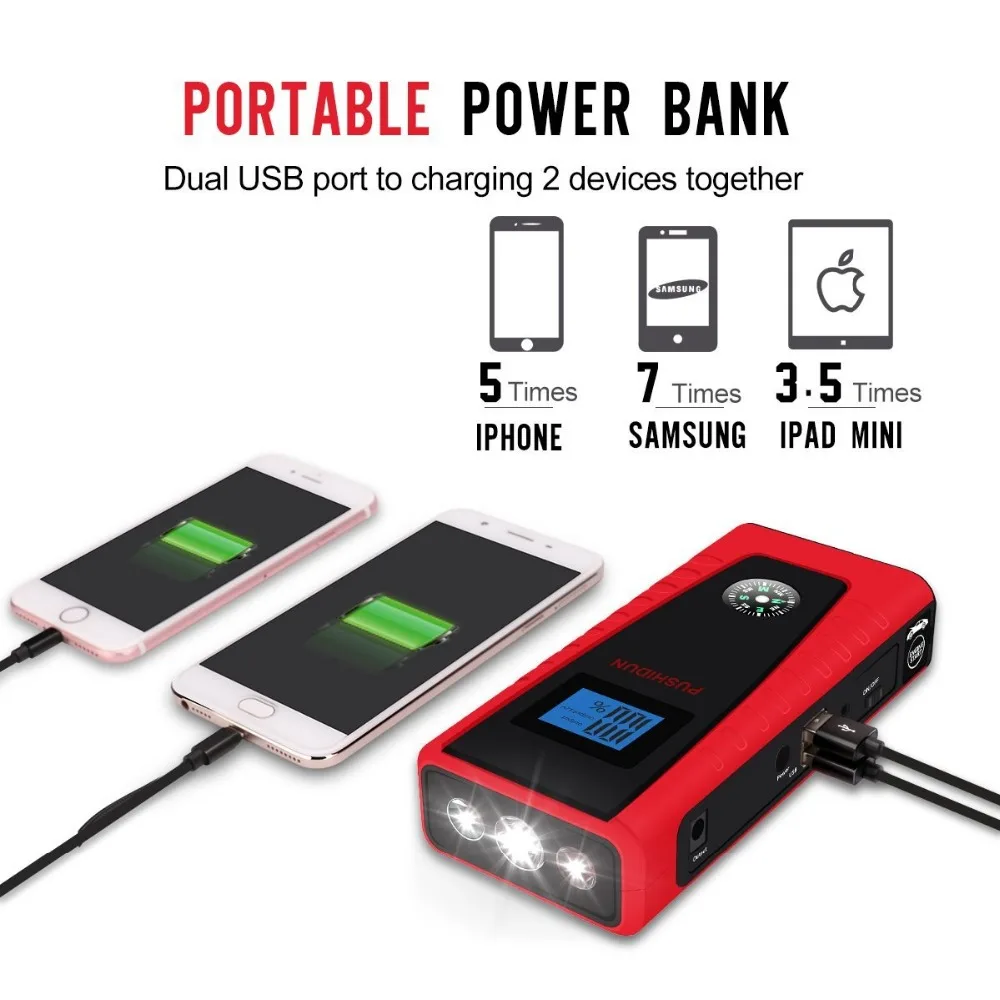 PUSHIDUN 12000mAh Car to Starter Emergency Power Bank With Ordinary Clamps And One in USB Cable | Автомобили и мотоциклы