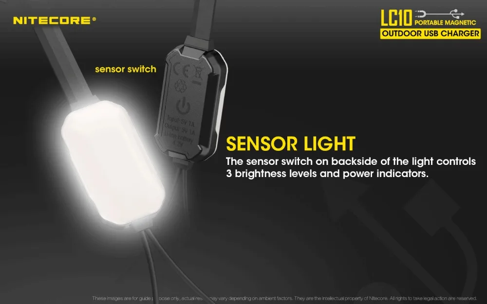 NITECORE LC10 портитивный Магнитный Открытый USB зарядное устройство для цилиндр перезаряжаемый литий-ионный аккумулятор батарея 1A Макс DC 5 V с датчик света