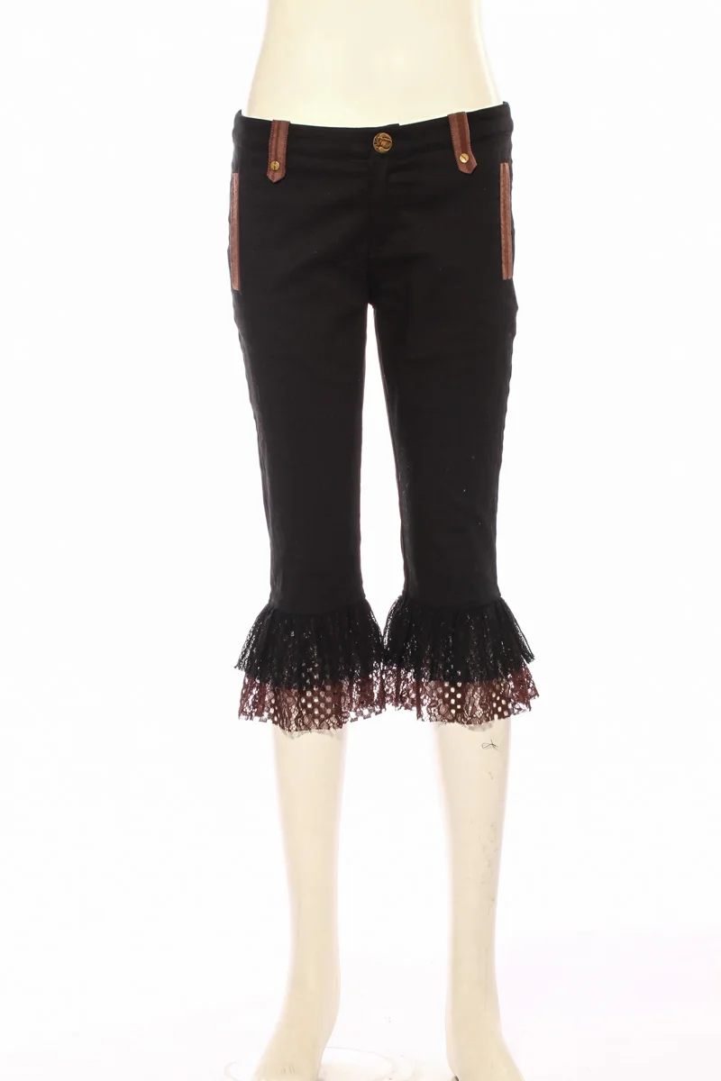 Steampunk Vintage Gothic Women Pants Black Calf-Length Pants Lace Patchwork Boot Cut Lady Court Pants