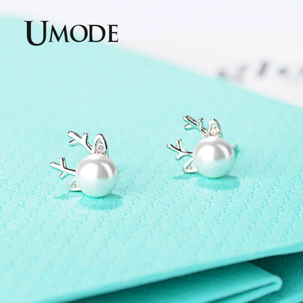 UMODE новая мода белый жемчуг оленьи рога серьги-гвоздики для женщин золотой ушные