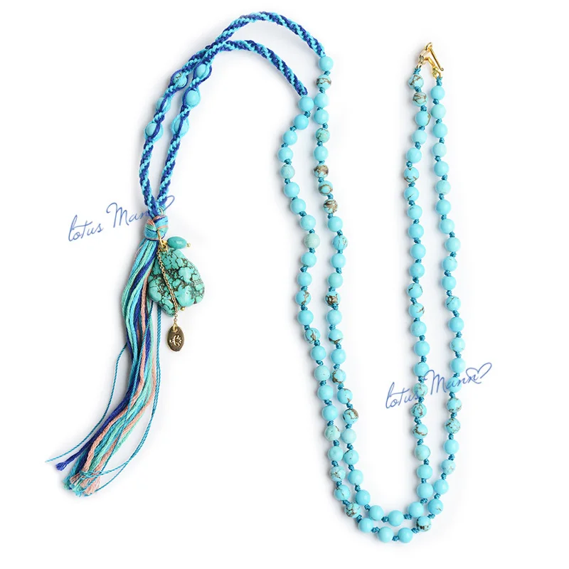 

Lotus Mann Green beads weaving layered tassel long necklace