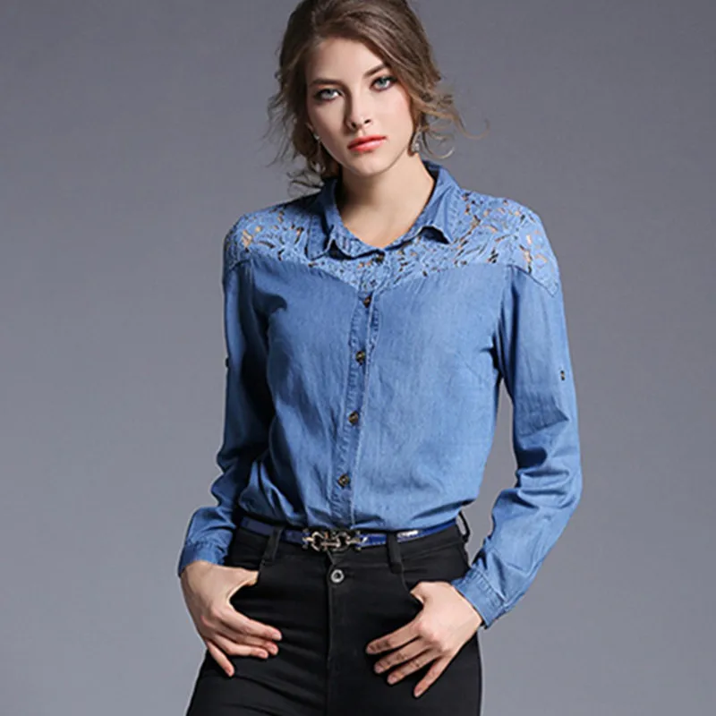 HziriP 2017 Euramerican Women Denim Tops Long Sleeve Shirts Lace Single Breasted Office Plus Size Female Blouse Spring Summer |