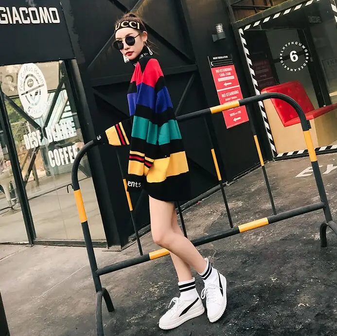 

2020 Winter Rainbow Knitting Sweater Women Loose Casual Pullovers Long Sleeve Letter Pattern On Collar