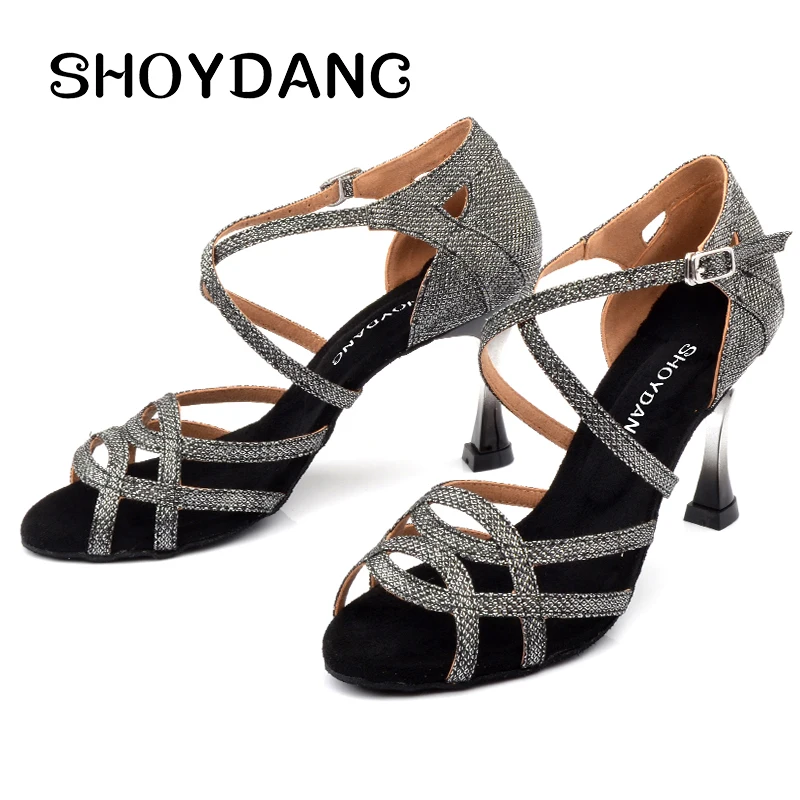 

SHOYDANC Latin Dance Shoes Female Adult Custom Heel 7.5/8.5cm Summer Square Dancing Shoes Sandals Gray Flash Cloth