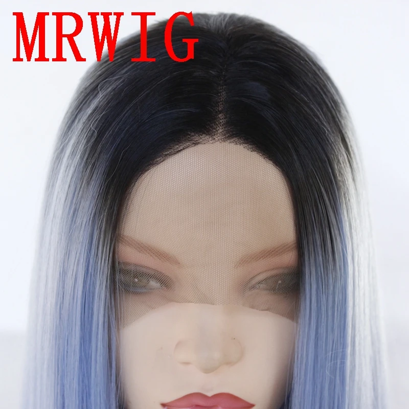 MRWIG 26in 150% Плотность средняя часть Омбре синий два тона Синтетический прямой парик
