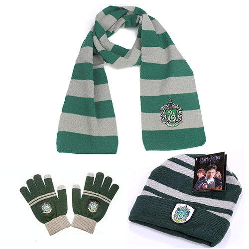 Slytherin 3 Sets Взрослый ребенок Гриффиндор Слизерин Hufflepuff Ravenclaw шарф для косплея шляпа сенсорная перчатка шарф теплый аниме шейный платок Рождественский подарок - Цвет: Slytherin 3 Sets