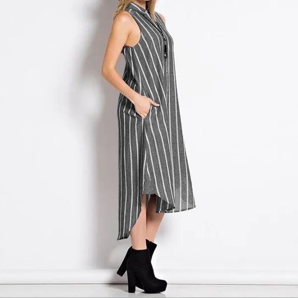 2019 Fashion Women's Summer Cotton Linen Mid-Calf A-Line Dress New Casual Stripe Sleeveless Turn-Down Collar Breasted A50 | Женская