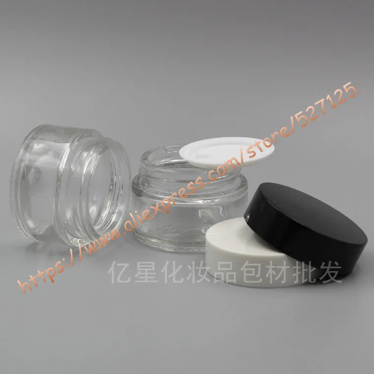 Прозрачная стеклянная банка для крема 30 г с белой/черной пластиковой крышкой