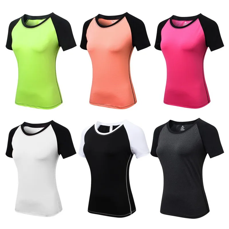 

Fitness Running Sports Training Ladies Yoga Skinny Short Sleeve Quick Dry Elastic Color Matching Round Neck T-Shirt
