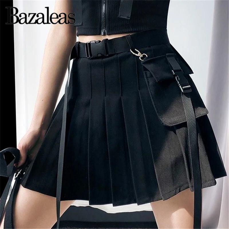 

Bazaleas Streetwear Side pocket Women Mini Skirts Punk Tartan Red Sashes Fashion Pleated Skirts Sexy harajuku saia short skirts