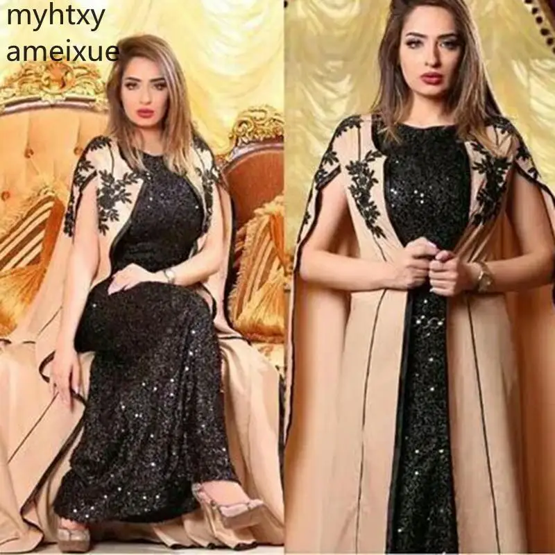 

New Arrival Black Sequine Lace Muslim Plus Size Evening Dress 2021 Suknia Wieczorowa Gowns For Women Dubai Arabic Robe De Soiree