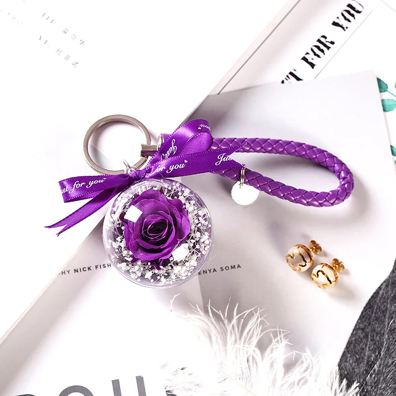 Purple Keychain Новинка, красивая и чудовищная Роза в стеклянном куполе, светодиодный светильник, украшение для дома на День святого Валентина, рождественские подарки - Цвет: Purple Keychain