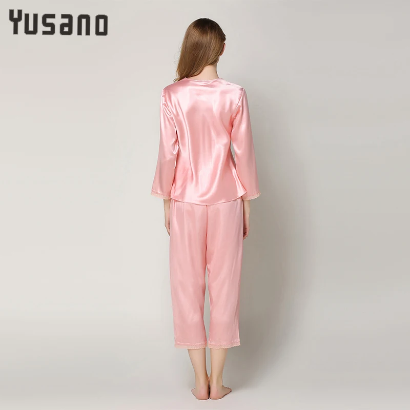 Осенняя Женская атласная пижама с длинным рукавом кружевная Пижама комплект из