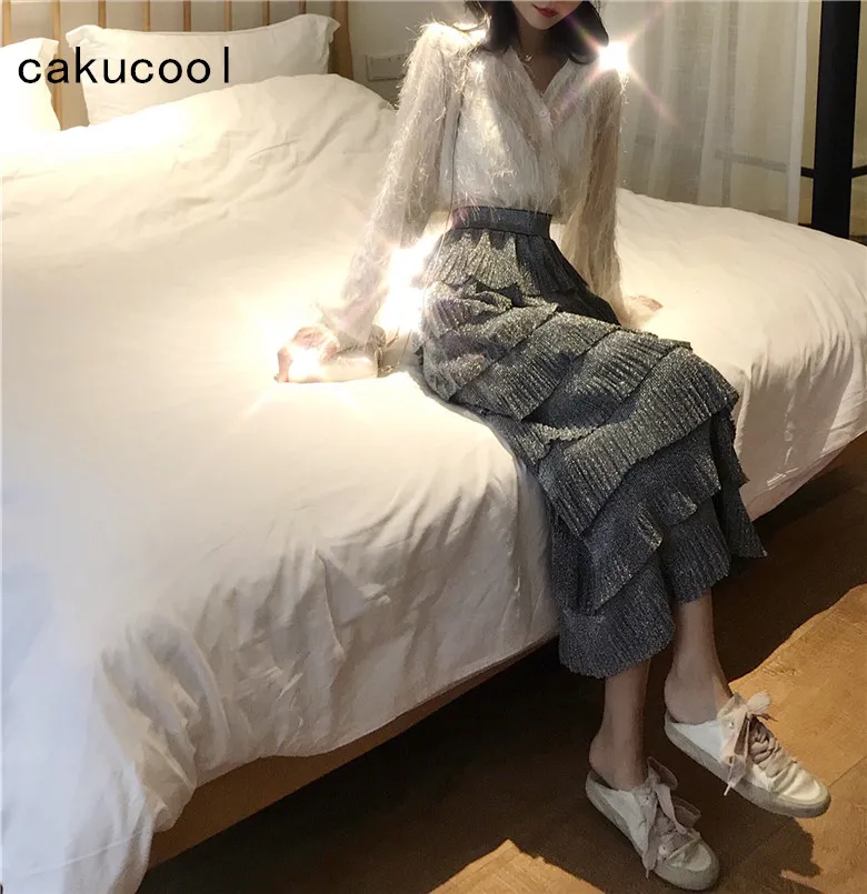 Женская блузка с длинным рукавом Cakucool блестящая плиссированная бахромой и