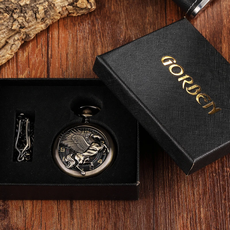 Retro Unique Bronze Mechanical Pocket Watch Men FOB Chain Hollow Horse Pegasus Design Steampunk Pocket Watches reloj de bolsillo