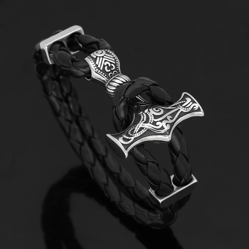 Мужской браслет Молот mjolnir скандинавский Викинг с подарочной сумкой valknut из кожи