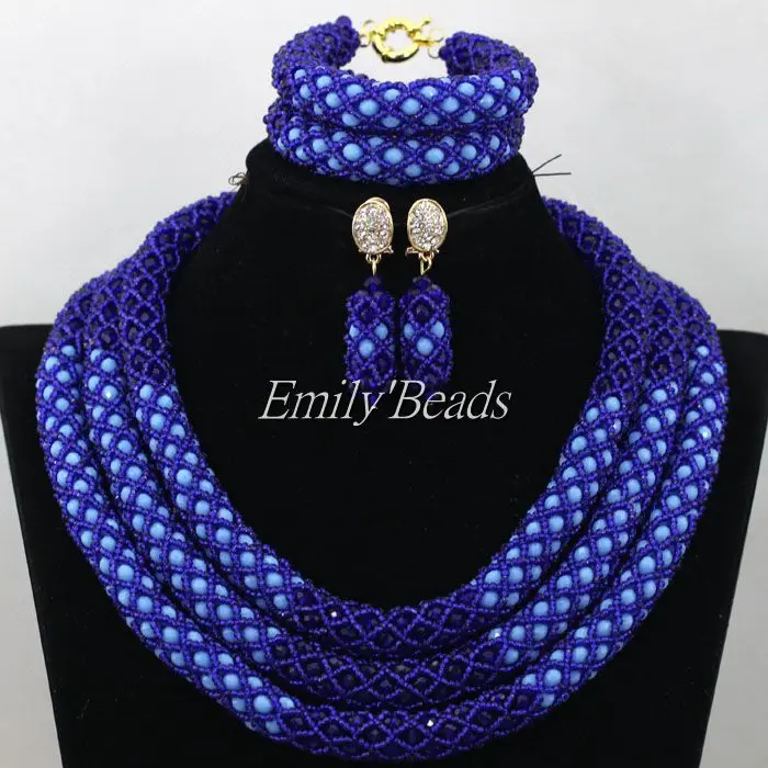 Нежный 3 слоя синий нигерийский Свадебный Африканский бисер комплект ювелирных
