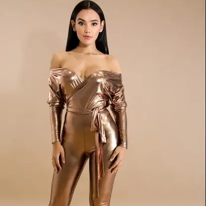 Женский Облегающий комбинезон из ПУ кожи с длинным рукавом и открытыми