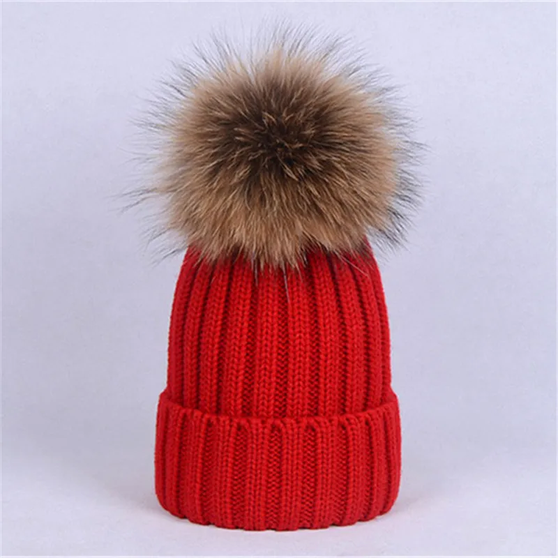 

Winter New Warm Hat Raccoon Fur Bll Cap Pom Pom Winter Hat For Ms Hat Knitted Child Beanies Cap Brand New Thick Female Cap