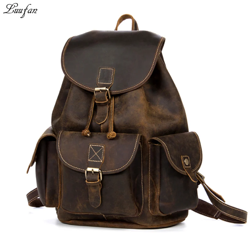 brown1 Crazy Horse кожаные рюкзаки для мужчин и женщин 1" ноутбук из натуральной кожи рюкзак из коровьей кожи школьная сумка дорожная веревка застежка - Цвет: brown1
