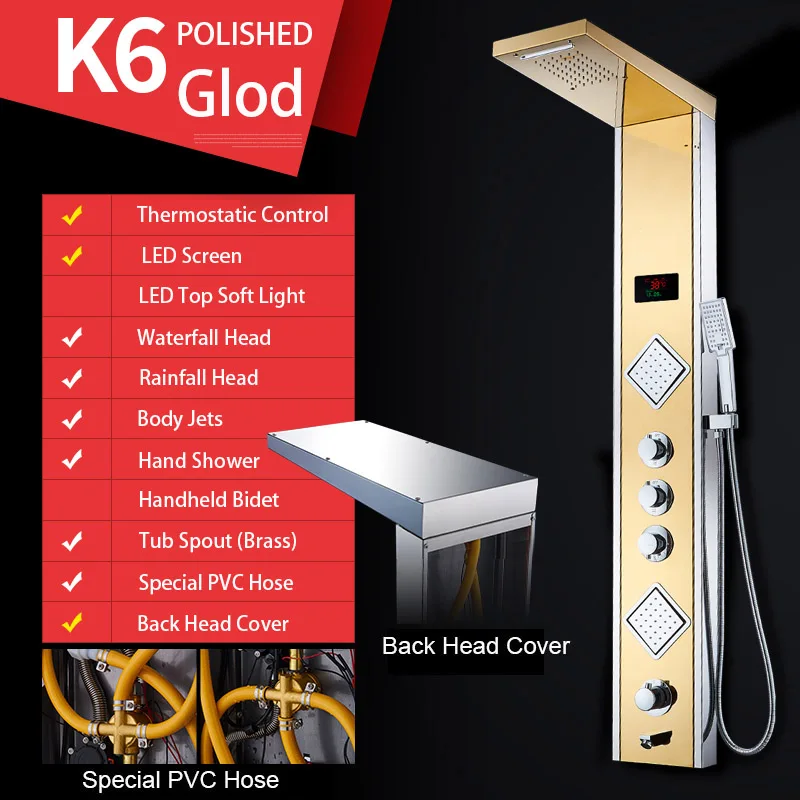 K6 Polished Gold Роскошная термостатическая контрольная складная душевая панель, полированное зеркало SUS304, с держателем-органайзером, водопад, дождь, струя тела - Цвет: K6 Polished Gold