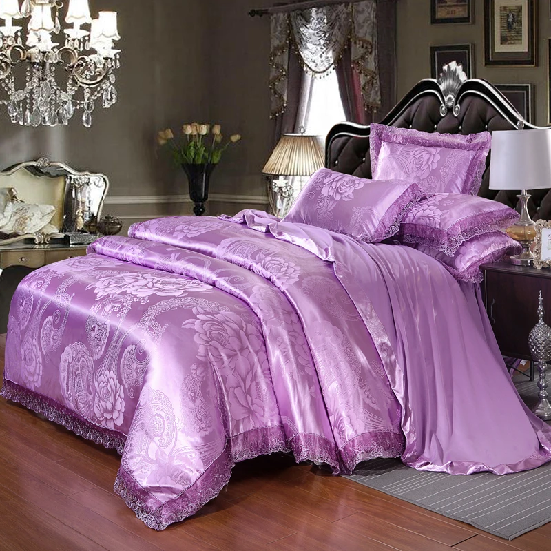 Роскошный из жаккарда в европейском стиле шелк серебристо-зеленый комплект голубого постельного белья кружева постельное белье/постельное белье постельный комплект 3/4 шт