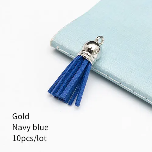 Silver Navy blue 10 штук 35 мм кожаные подвески с кисточками из искусственной замши с шапками для брелоков, ремешки для ключей, аксессуары для самостоятельного изготовления, многоцветные - Цвет: Silver Navy blue
