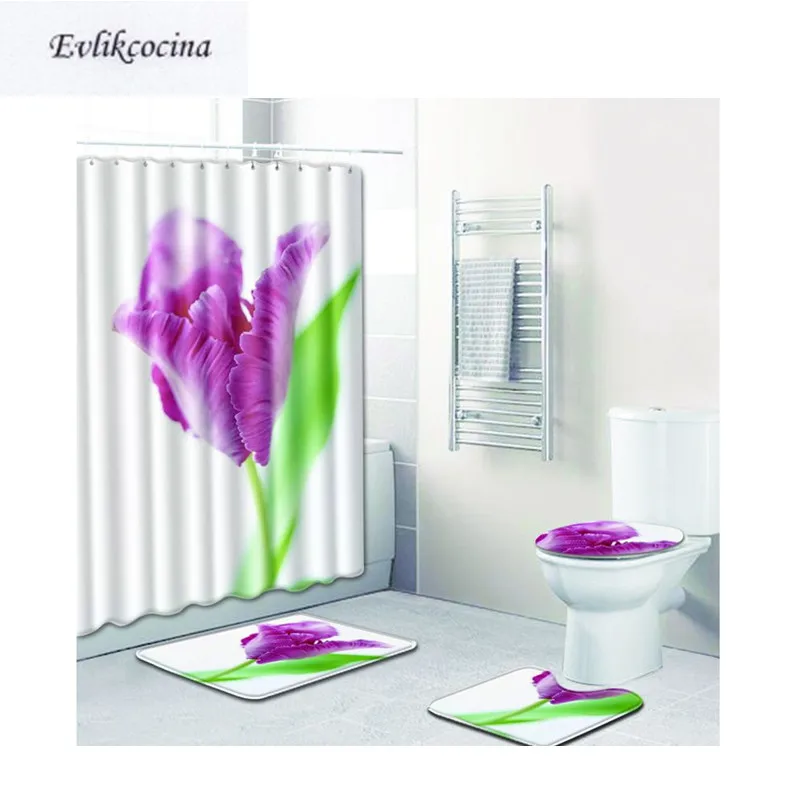 

Free Shipping 4Pcs Purple White Flowers Banyo Bathroom Bath Mat Set Nonslip Tapete Banheiro Washable Toilette Rugs Alfombra Bano