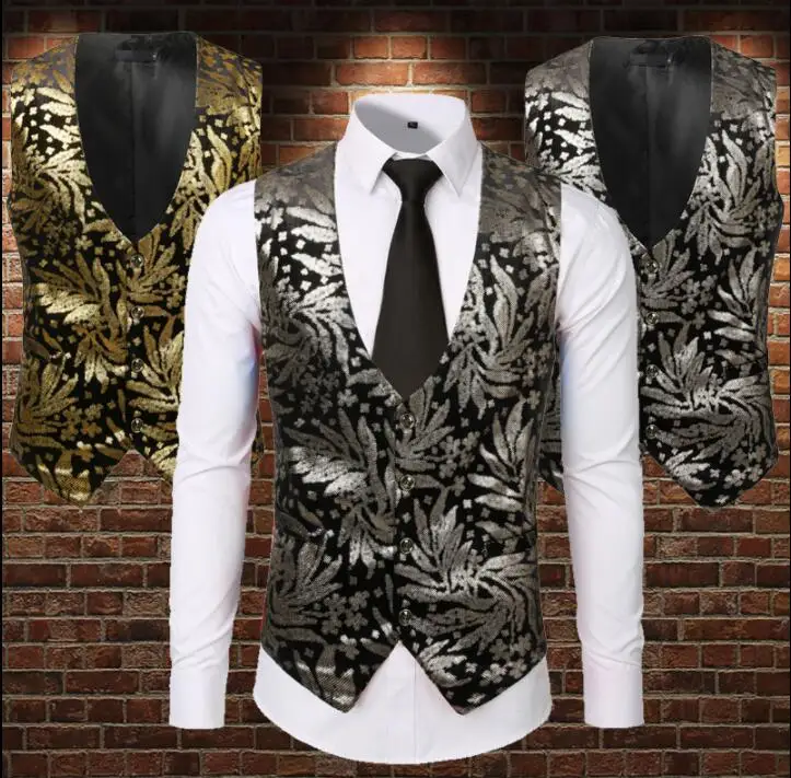

Gold silver men Glossy Hot stamping printing vest clothing personalized singer dance stage street star style fashion dress