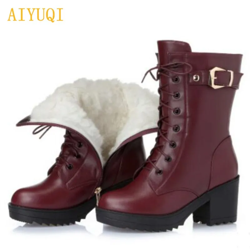 red wool AIYUQI/Новинка года; женские зимние ботинки из натуральной кожи. Толстые теплые шерстяные резиновые лыжные ботинки; теплые женские зимние ботинки; цвет красный, черный; Цвет темно-синий - Цвет: red wool