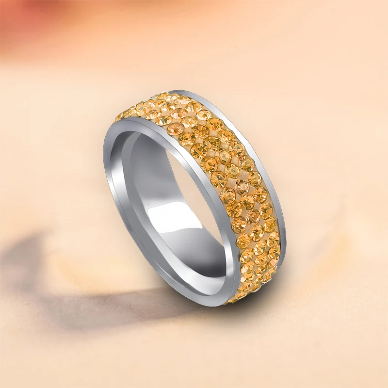 QianBei 2018 Luxury Rhinestone Rings Gold Color Stainless Steel 3 Row Crystal Wedding Female Teen Ring Jewelry Women Men 6-11 | Украшения и