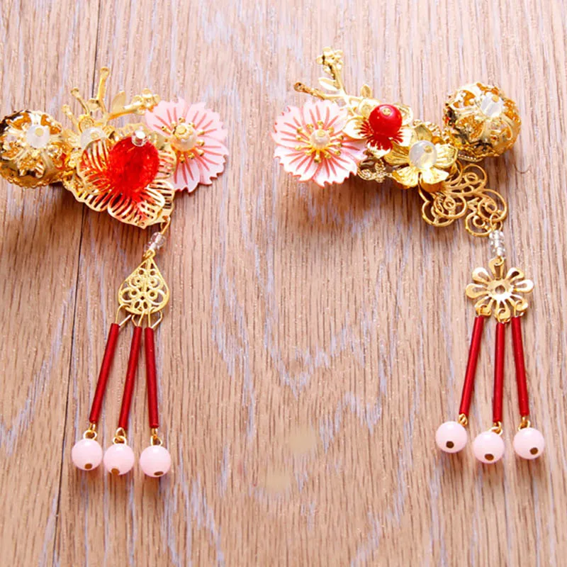 Chinese Gold Long Tassel Hair Stick Hairpins Phoenix Tiaras Earrings Handmade Flower Bridal Jewelry Sets Wedding Accessories LB