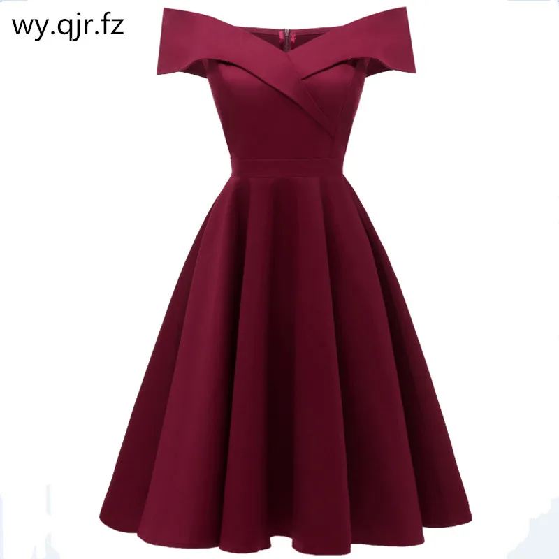 CD-1635#Satin drill wine red Navy blue black short Boat Neck Bridesmaid dresses wessing party dress girl gown prom wholesale wom