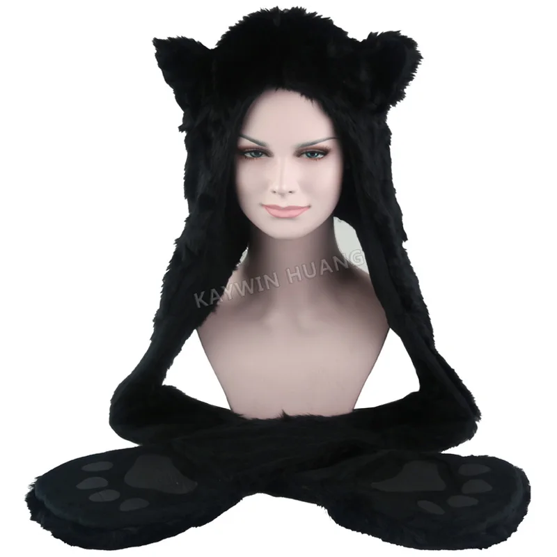Black Bear Зима Белый Волк аниме лапы уши искусственного животного капюшон капюшоны варежки перчатки шарф на молнии с флисовой подкладкой Плюшевые Косплей Хаски шапка - Цвет: Black Bear